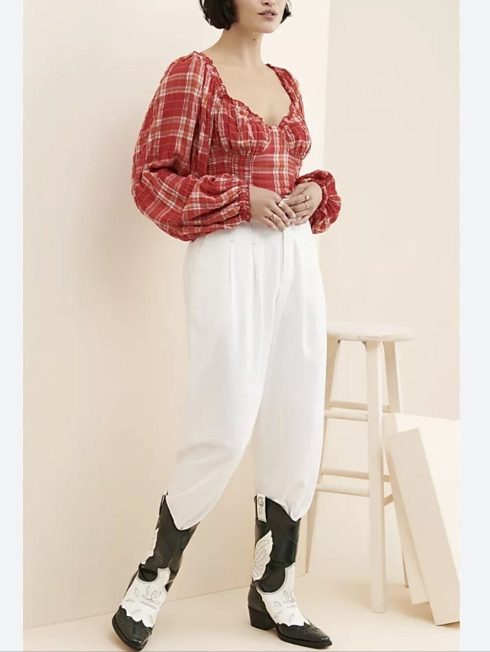 Free People Red Plaid Sweetheart Puff-Sleeve Crop Top Boho Festival Western SM